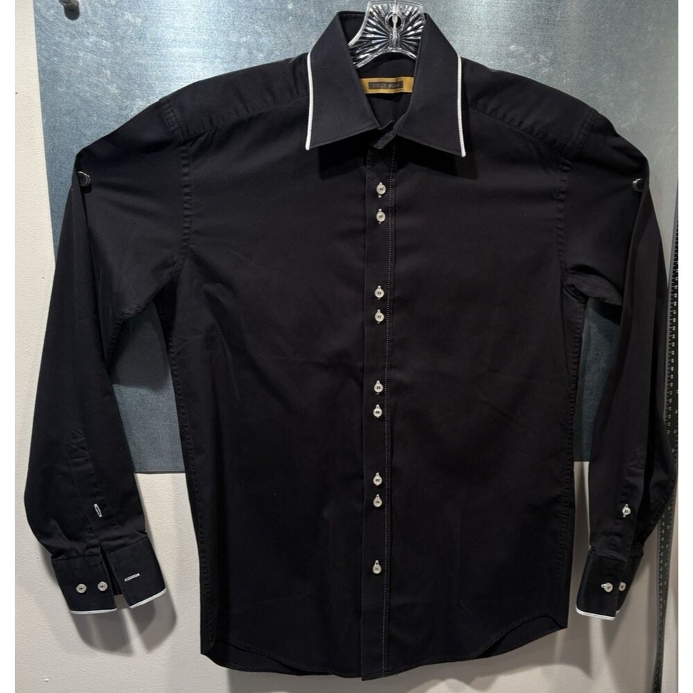 Dolce Guava Milano, Black, White Trim, Long Sleeve Twin Button Dress Shirt Small